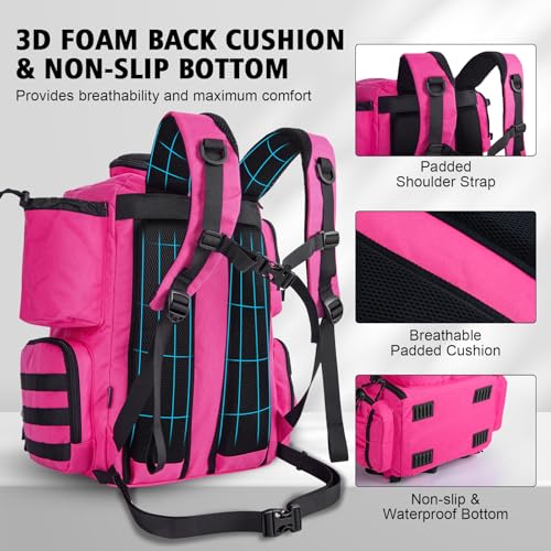 Goture Fishing Backpack,900D Water-Resistant Tackle Backpack with Rod Holders,45L Large Fishing Bag Storage Gear Tackle Bag with Rain Cover,Bottle Holder for Travel Camping Hiking(Without Tackle Box) - color: A2:45L Pink(Without Tackle Box)