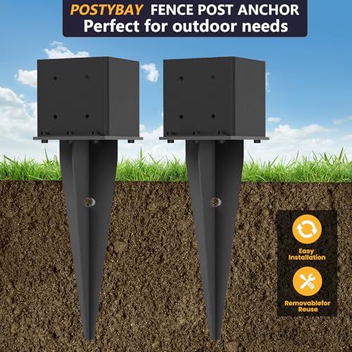 2 Pcs 22" Fence Post Anchor Ground Spike| Black Powder-Coated| 6"x6" | Actual 5.6"x5.6" Heavy Duty Metal Fence Post Anchor for Deck| Fence| Porch| Railing| Mailbox - size: 2 Pcs, style: 6"x 6"