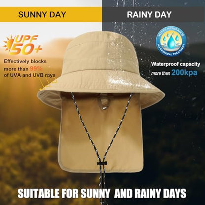 Waterproof Sun Rain Hat for Women Wide Brim UPF50+ UV Protection Packable Men Bucket Safari Fishing Hat with Neck Flap - color: Khaki