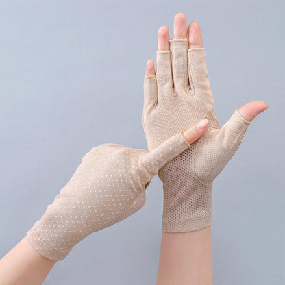 Eohak Women Driving Gloves Sun UV Protection Summer Outdoor Hiking UPF 50+ Glove Touchscreen Half-Finger Glove - color: Beige