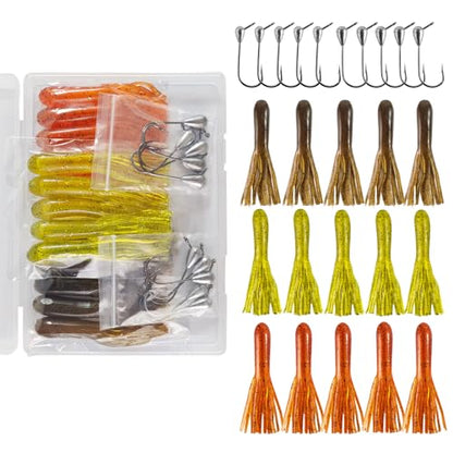 Eupheng Tube Baits for Bass Fishing, Soft Plastic Bait Worm Tube Jig Kit Tube Worms with Tube Jig Heads for Lake Trout Smallmouth Largemouth Bass - size: 3.5" tube(15)+1/8oz(5)+3/16oz(5)TUBE jigs