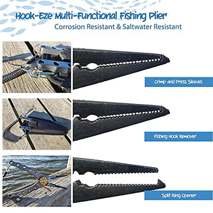 HOOK-EZE Grey Aluminum Fishing Pliers and Standard Blue Knot Tying Tool - Hook Remover and Split Ring with Coiled Lanyard - Multifunctional Cutter and Tool - Saltwater Freshwater Fly Fishing