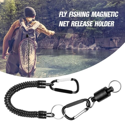 Retractor Keychain with Retractable Coiled Lanyard – 2kg/4.4lb Pull Force Fly Fishing Net Holder, Secure Attachment & Quick Access for Wading(Black)