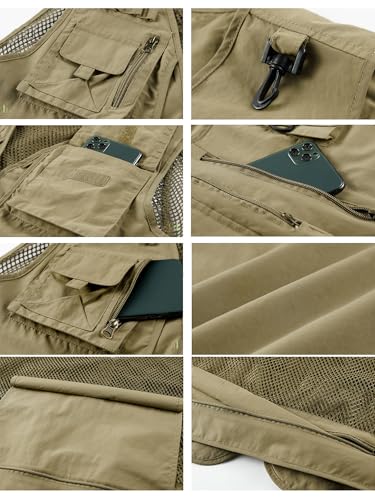 Lucrosun Men's Lightweight Outdoor Fishing Vest Utility Safari Vest with Pockets - color: Khaki, size: X-Large