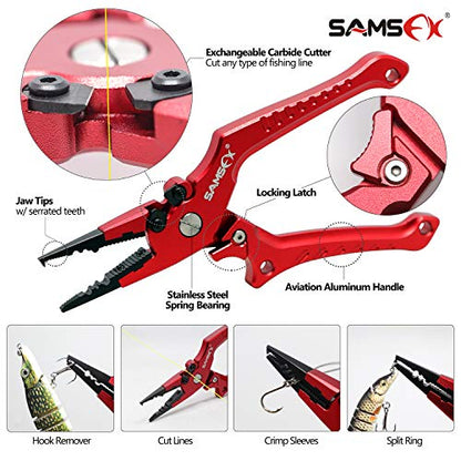 SAMSFX Aluminum Fishing Pliers Hook Remover Braid Line Cutter with Coiled Lanyard, Fly Fishing Knot Tying Tool & Retractors - color: 7'' Split Ring Nose, Red Handle