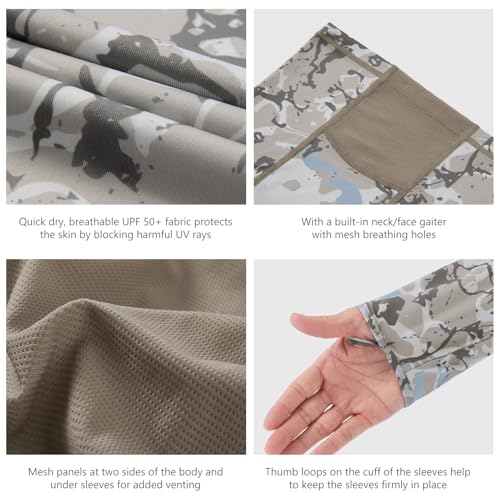BASSDASH UPF 50+ Men’s Fishing Hoodie Shirts with Mask Camo UV Long Sleeve Moisture Wicking FS53M - color: Ash Grey Ripple Camo, size: 4X-Large