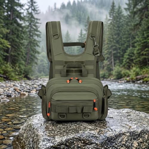 Fly Fishing Backpack Vest, Lightweight Nylon Tackle Chest Pack with Multiple Storage Pockets (Green)