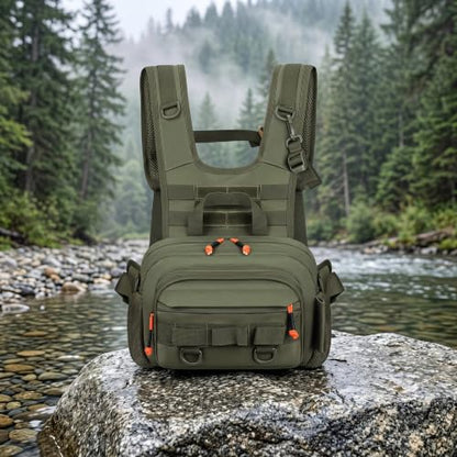 Fly Fishing Backpack Vest, Lightweight Nylon Tackle Chest Pack with Multiple Storage Pockets (Green)