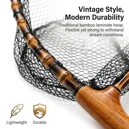 Floating Handcrafted Bamboo Fly Fishing Landing Net, Solid Wood Handle, Soft Rubber Coated Mesh for Trout, Kayak & Stream Fishing, Includes Magnetic Release & Safety Lanyard - size: Middle, style: Curved Handlebar