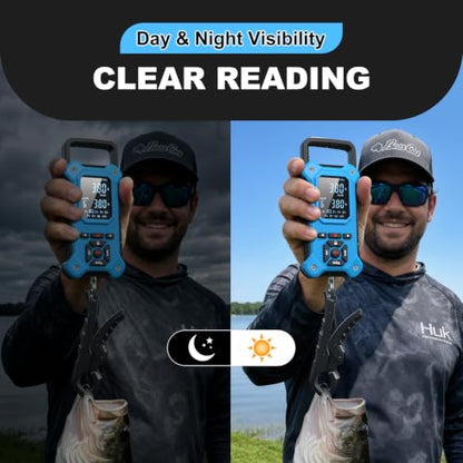 SNAIL TRAIL 8 Storage Bins Digital Fishing Scale & Lip Gripper with Auto-Rank, Large & High Contrast Backlit LCD Display, Multi-Mode(LB, LB-OZ, KG), 50 lbs Tournament Bass Fish Weigher, Gift for Men - color: Blue