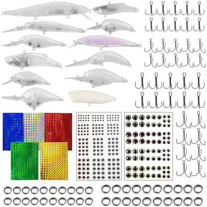 Blank Fishing Lure Kit,Unpainted Popper Plug Lures DIY Crank Bait Set Fishing Pliers Treble Hooks 3D/4D Lure Eyes Bait Sticker Split Rings,Fish Tackle Accessories Kits - color: Lure Kit-352pcs