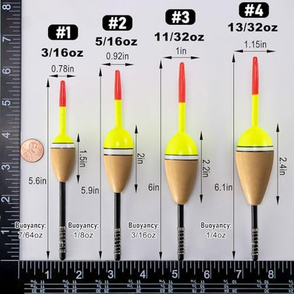 Alwonder 4-Pack Fishing Bobbers Floats, Buoyant Balsa Wood Body Spring Fishing Floats and Bobbers, Oval Bobber for Crappie Bluegill Trout Bass Panfish Catfish Walleye - size: #2: 2" * 0.92"