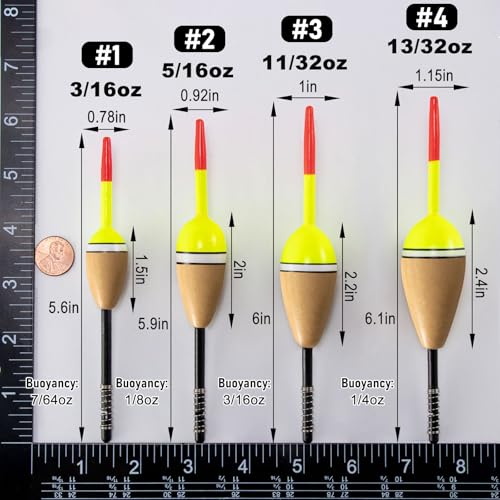Alwonder 4-Pack Fishing Bobbers Floats, Buoyant Balsa Wood Body Spring Fishing Floats and Bobbers, Oval Bobber for Crappie Bluegill Trout Bass Panfish Catfish Walleye - size: #3: 2.2" * 1"