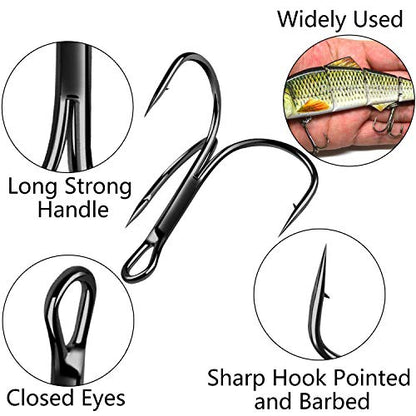Fishing Treble Hooks Assortment, Sharp Brabed Triple Fishing Hooks Set High Carbon Steel Round Bend for Trout Catfish Lures Freshwater Saltwater, Assorted Size 4 6 8 10 12 - style: 150pcs Black Treble Hooks Set