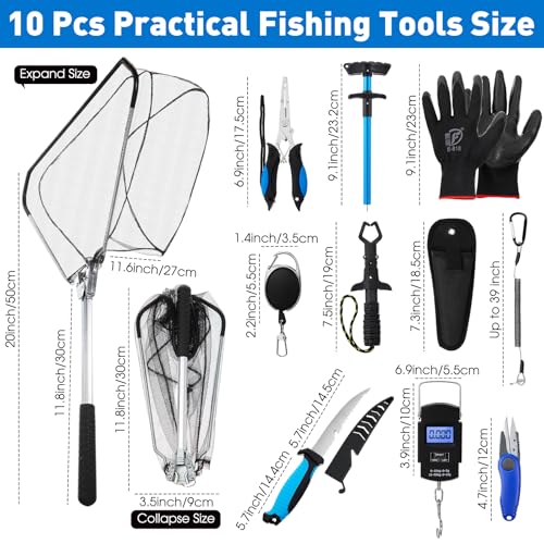 RoundFunny 10 Pcs Fishing Tool Kit, Fishing Pliers with Lanyard and Protective Sheaths, Landing Net, Fillet Knife, Fish Scale, Gripper, Hook Remover, Braid Scissors, Gloves for Men Dad Gift - color: Blue
