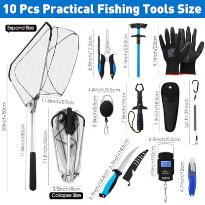 RoundFunny 10 Pcs Fishing Tool Kit, Fishing Pliers with Lanyard and Protective Sheaths, Landing Net, Fillet Knife, Fish Scale, Gripper, Hook Remover, Braid Scissors, Gloves for Men Dad Gift - color: Blue