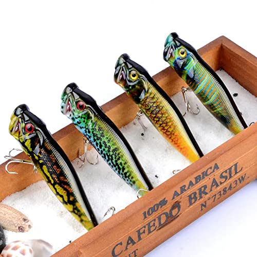 4 Pack Topwater Popper Fishing Lure, Realistic Popper Bait with 3D Painted Design,Hard Lure for Bass,Trout,Pike in Freshwater Saltwater 050