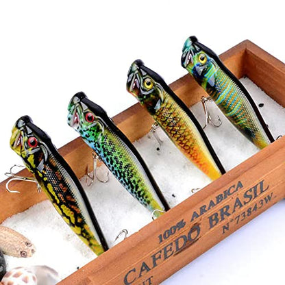 4 Pack Topwater Popper Fishing Lure, Realistic Popper Bait with 3D Painted Design,Hard Lure for Bass,Trout,Pike in Freshwater Saltwater 050