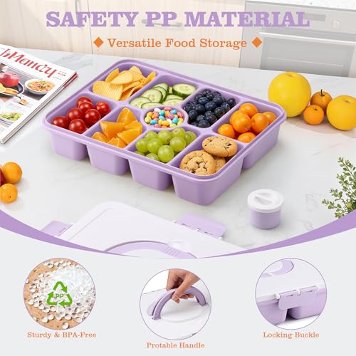 Snackle Box Container, Divided Serving Tray with Lid and Handle, 9 Compartments Snack Box Container for Adults, Portable Charcuterie Serving Platter for Candy Fruit, 9.9 Cups, Lavender - color: Lavender