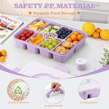 Snackle Box Container, Divided Serving Tray with Lid and Handle, 9 Compartments Snack Box Container for Adults, Portable Charcuterie Serving Platter for Candy Fruit, 9.9 Cups, Lavender - color: Lavender