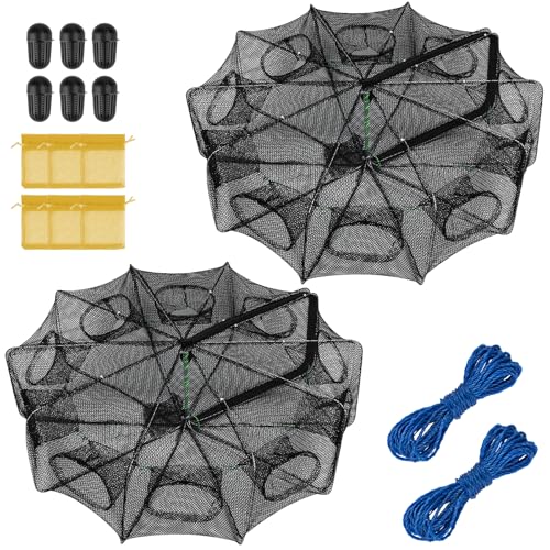 QualyQualy Fishing Bait Trap Crab Net Fishing Trap for Minnow/Crab/Shrimp/Crawdad with Rope, 6/8/10 Holes Large Space Fishing Net - size: 32*10‘’, style: 10 Holes - 2 Pcs