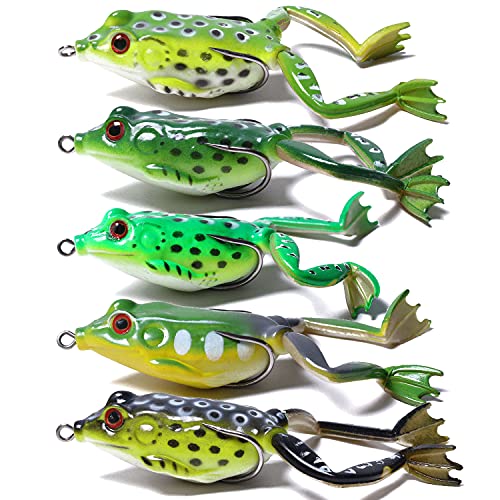 Frog Lure, Topwater Fishing Lures, Frog Lures for Bass Fishing, Top Water Frog Soft Swimbaits with Weedless Fishing Lures for Bass Trout Pike Snakehead,5pcs with Box