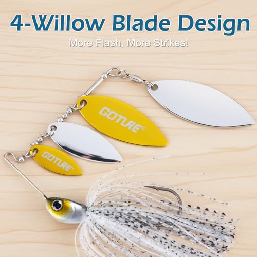 Goture Spinner Baits, Hard Metal Spinnerbaits Kit with 4 Spinner Blades, Spare Skirts Replacement, Buzzbait Spinnerbaits Fishing Lures for Bass Trout Pike Salmon Walleye Freshwater Saltwater - color: B1:2pcs(White & Gold), size: 10g 3/8oz