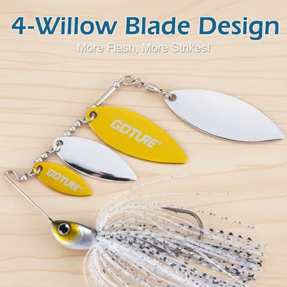 Goture Spinner Baits, Hard Metal Spinnerbaits Kit with 4 Spinner Blades, Spare Skirts Replacement, Buzzbait Spinnerbaits Fishing Lures for Bass Trout Pike Salmon Walleye Freshwater Saltwater - color: B1:2pcs(White & Gold), size: 10g 3/8oz