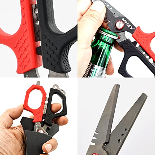 SAMSFX 6.5" Pro Fishing Shears Dual Serrated Blades, Fishing Braided Line Scissors with Titanium Coating, Non-Slip Grip & Multifunction Tool, Includes Hard Molded Locking Sheath & Coiled Lanyard - color: A: Black & Red Kraton Handle, Hard Sheath