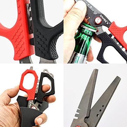 SAMSFX 6.5" Pro Fishing Shears Dual Serrated Blades, Fishing Braided Line Scissors with Titanium Coating, Non-Slip Grip & Multifunction Tool, Includes Hard Molded Locking Sheath & Coiled Lanyard - color: A: Black & Red Kraton Handle, Hard Sheath