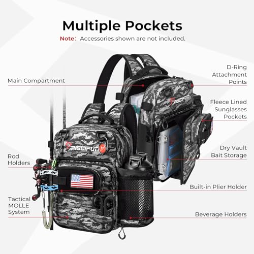 Piscifun Fishing Tackle Backpack, Convertible Sling or Waist Pack, 16-Pocket Storage Gear Bag with 2 Rod Holders & Rain Cover | 16 smart pockets, 2 rod holders, Rain cover, Breathable back support, Convertible sling/waist/backpack carry - color: Black Cam