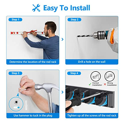 PLUSINNO Vertical Fishing Rod Holder, Wall Mounted Fishing Rod Rack, Fishing Pole Holder Holds Up to 9 Rods or Combos, Fishing Rod Holders for Garage, Fishing Gear and Gifts for Men - style: Blue 1-pack (store 9 combos)