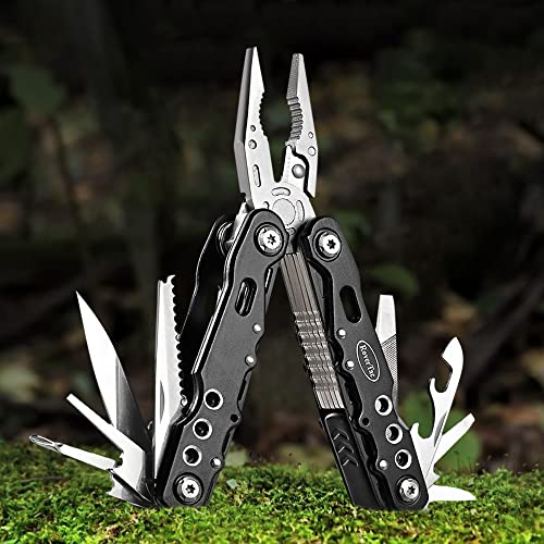 RoverTac Multitool Pliers Pocket Knife, 14 in 1 Multi Tool Knife Pliers Saw Bottle Opener Safety Lock Nylon Sheath, Camping Hiking Gear Multitool for Camping Survival Hiking DIY, Gifts for Men Dad - color: Black