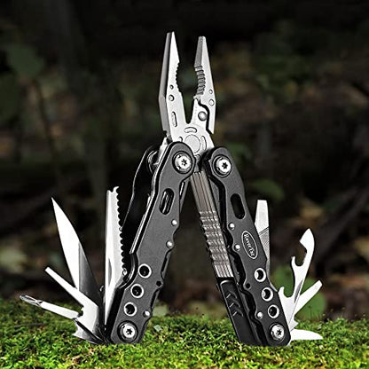 RoverTac Multitool Pliers Pocket Knife, 14 in 1 Multi Tool Knife Pliers Saw Bottle Opener Safety Lock Nylon Sheath, Camping Hiking Gear Multitool for Camping Survival Hiking DIY, Gifts for Men Dad - color: Black