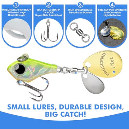 TRUSCEND Vibespinner Easy Catch Fishing Lures with BKK Hooks, Tail Spinner Baits with 4 Actions, Vibrating Swimming Flashing & Jigging for More Bites, Spoon Lures for Bass Trout Crappie Walleye Pike - color: A3-1/2oz-14g