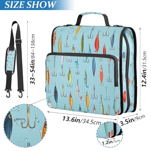 Fishing Lures Blue 3 Ring Zipper Binder with Strap 1.5 inch 500 Sheet Capacity File Folder Storage Organizer