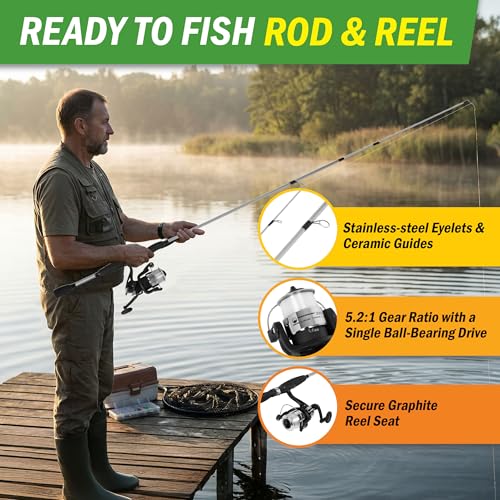 Fiberglass Fishing Pole - Strike Series 78-Inch Collapsible Rod and Spinning Reel Combo, EVA Handle, Pre-Spooled Reel, Fishing Gear for Catching Walleye, Bass, Trout, and More by Wakeman - color: Silver Metallic