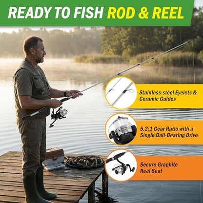 Fiberglass Fishing Pole - Strike Series 78-Inch Collapsible Rod and Spinning Reel Combo, EVA Handle, Pre-Spooled Reel, Fishing Gear for Catching Walleye, Bass, Trout, and More by Wakeman - color: Silver Metallic