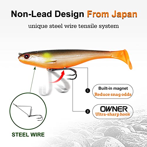 TRUSCEND Shadtale Easy Catch Soft Fishing Lures with BKK Hooks - Trembly Sinking and Vibrating Swim for More Bites, Pre-Rigged Swimbaits for Bass, Trout, Crappie, Walleye, Freshwater Saltwater Fishing - color: A-3",1/6oz