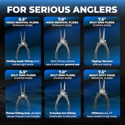 GOMEXUS Fishing Pliers Saltwater with Side Cutters, Never Rust Inshore & Nearshore Titanium Fishing Gear with Lanyard & Leather Sheath, Hook Remover, (7.5'' Split Ring Nose) - color: Split Ring Nose