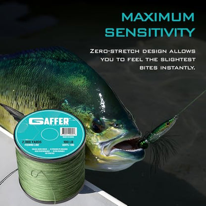 Gaffer Sportfishing Braided Fishing Line – Green – 8-Strand UHMWPE Braid, Ultra-Strong Zero-Stretch, Smooth Coated – Abrasion-Resistant for Saltwater & Freshwater – High Knot Strength - size: 2000Yards - 100lb