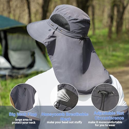ALANDUO Wide Brim XXL Sun Hats for Men Big Head, UPF 50+ Fishing Sun Hat with Neck Face Flap, Safari Boonie Hat for Men Women - color: Dark Grey