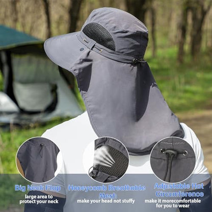 ALANDUO Wide Brim XXL Sun Hats for Men Big Head, UPF 50+ Fishing Sun Hat with Neck Face Flap, Safari Boonie Hat for Men Women - color: Dark Grey