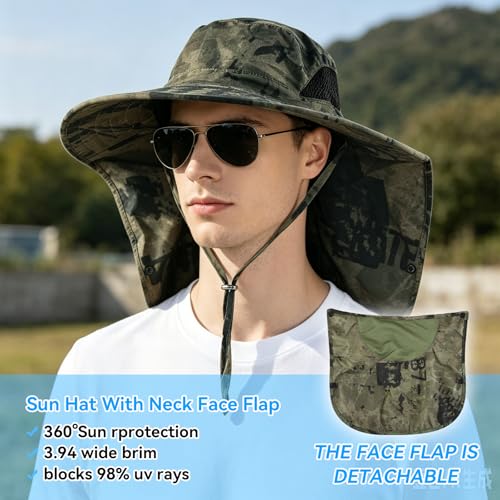 ALANDUO Wide Brim XXL Sun Hats for Men Big Head, UPF 50+ Fishing Sun Hat with Neck Face Flap, Safari Boonie Hat for Men Women - color: Ink Army Green