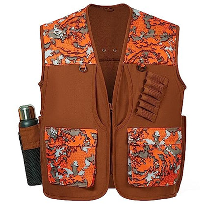 BASSDASH Upland Game Field Water-Resistant Bird Hunting Vest with Multi Pockets Men Women FV11 - color: Brown/Flame Camo, size: Large