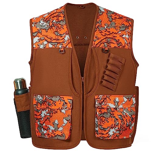 BASSDASH Upland Game Field Water-Resistant Bird Hunting Vest with Multi Pockets Men Women FV11 - color: Brown/Flame Camo, size: 3X-Large