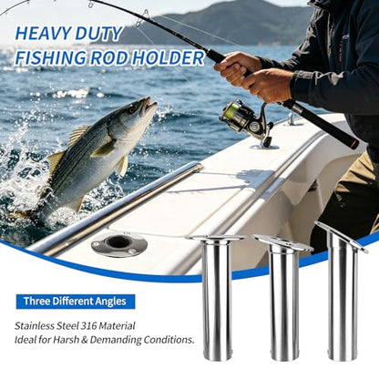 2 Pack Fishing Rod Holders for Boat, 316 Stainless Steel, 3 Angles (15°/30°/90°) Flush Mount, Heavy Duty Saltwater Corrosion Resistant with Thickened Nylon Nesting & Stopper Pin - style: 30 Degree