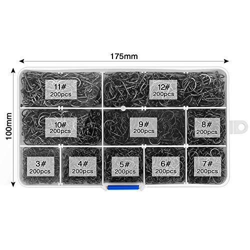 HETH 2000pcs Fishing Worm Hooks High Carbon Steel Wide Gap Offset Fishing Hook Set for Saltwater and Freshwater with 10 Sizes