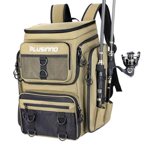 PLUSINNO Fishing Backpack with Rod Holders, 42L Large Water-Resistant Tackle Bag for Fishing, Camping, Hiking, Gifts - Khaki - color: Khaki