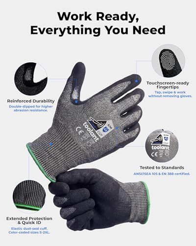 toolant ComfyCut A3 Cut Resistant Work Gloves, ANSI & EN388 Certified Protection with Superior Comfort, Fiberglass-Free, Touchscreen & Flexible Grip, for Fishing, Gardening, DIY, Assembly, Medium - size: Medium